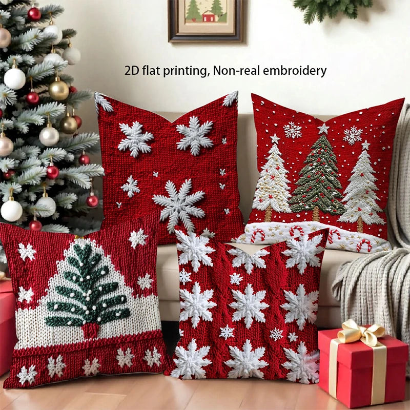 Housse de coussin de Noël rouge, flocons et sapins