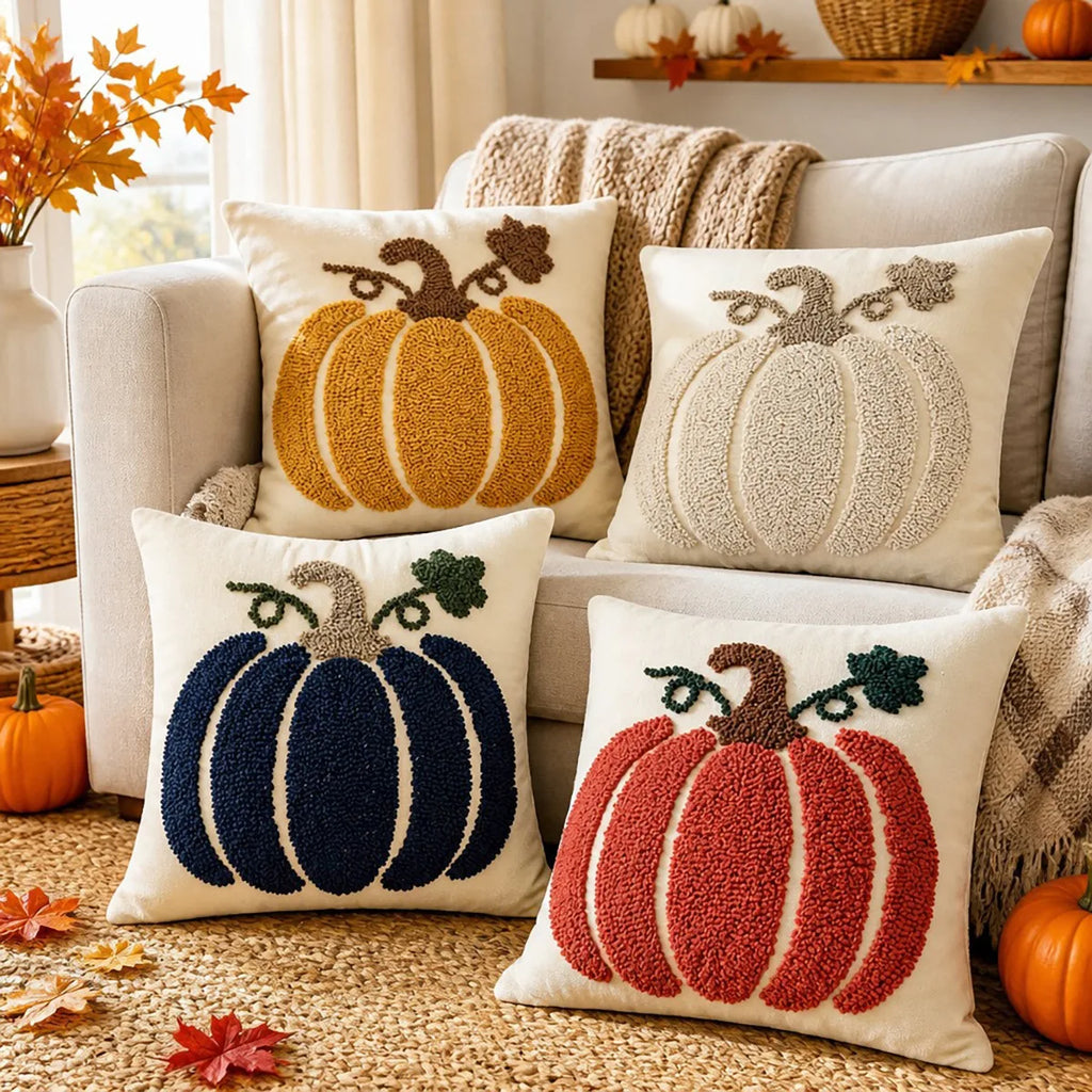 Housse de Coussin Citrouille Brodée – Automne 🎃🍂