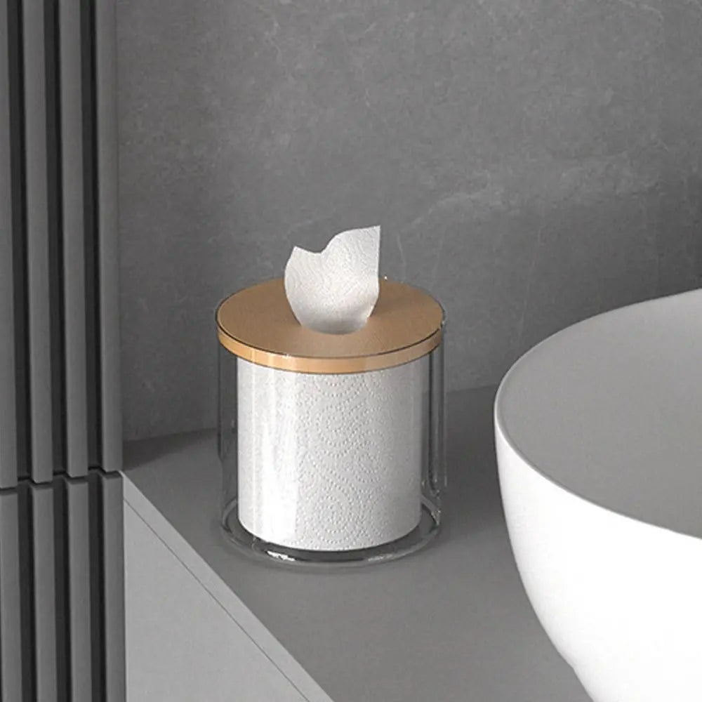 Boîte à Mouchoirs Ronde Transparente avec Couvercle en Bois – Design Moderne