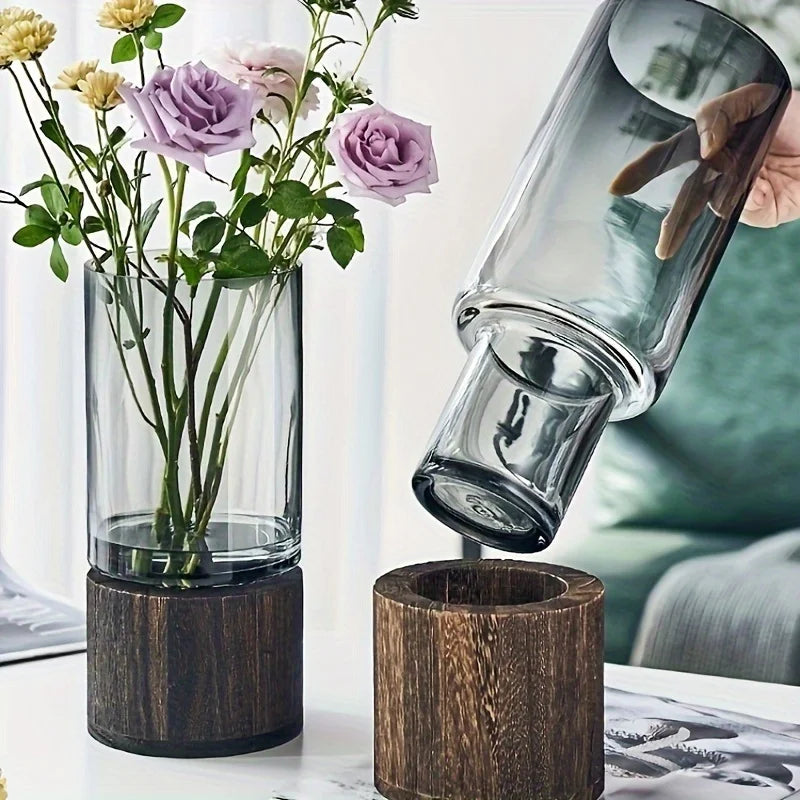 Vase en verre avec base en bois – Élégance naturelle
