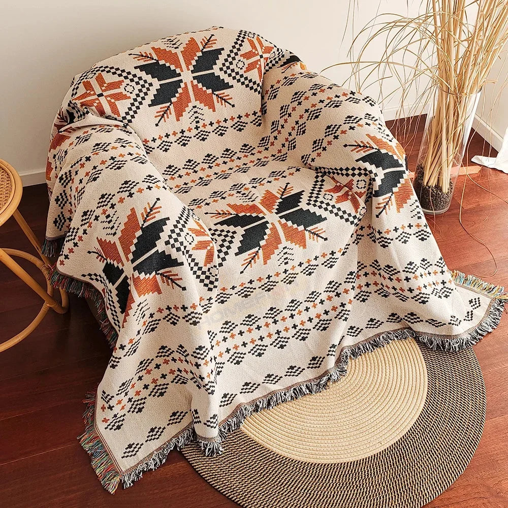 Plaid bohème à motifs aztèques avec franges