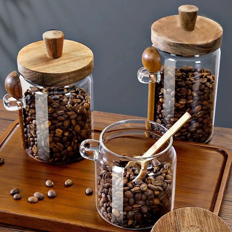 Bocal Hermétique en Verre avec Cuillère et Couvercle en Bois