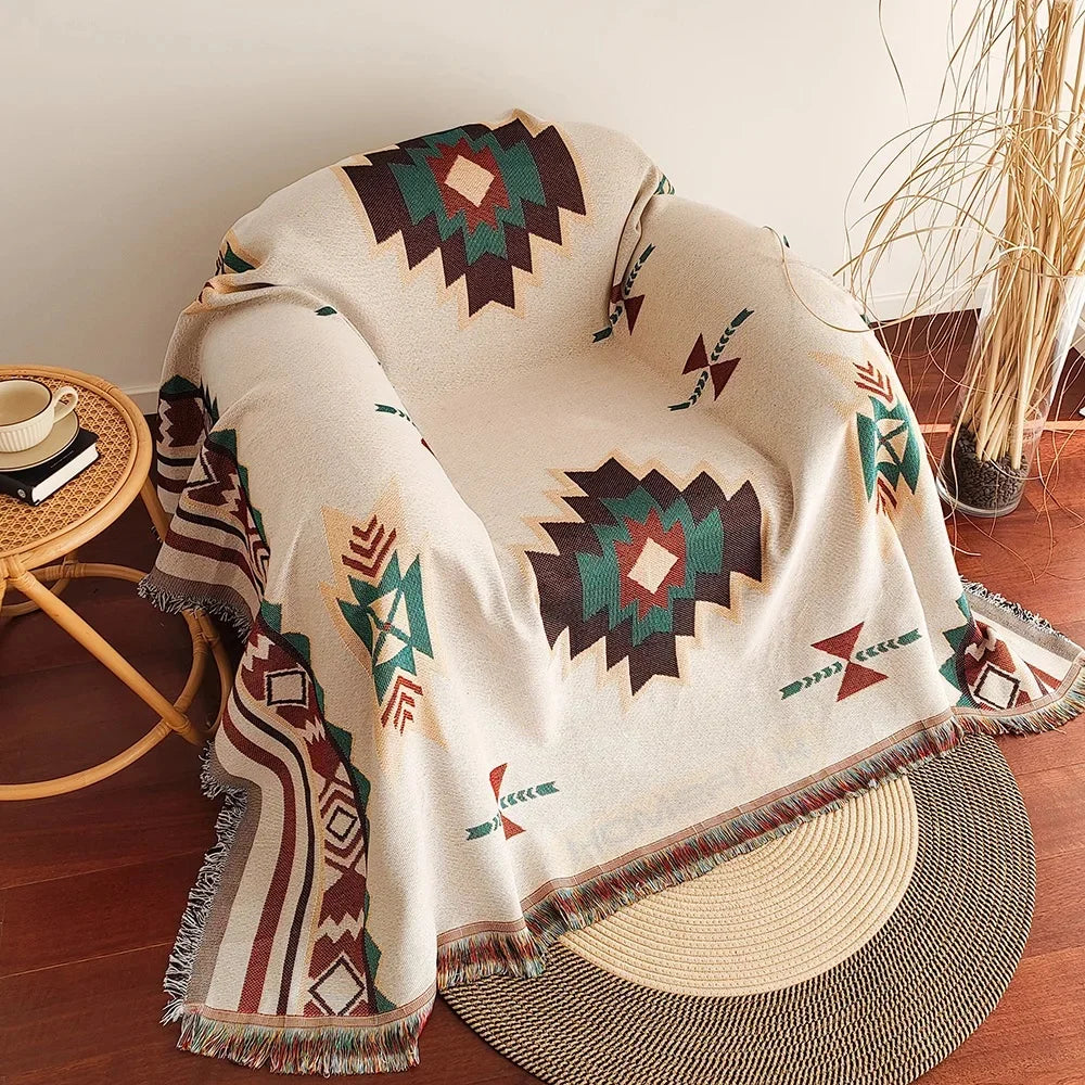 Plaid bohème à motifs aztèques avec franges