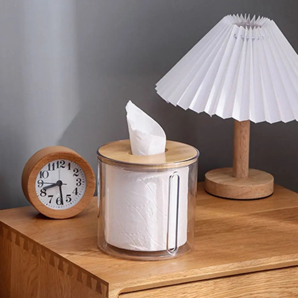 Boîte à Mouchoirs Ronde Transparente avec Couvercle en Bois – Design Moderne