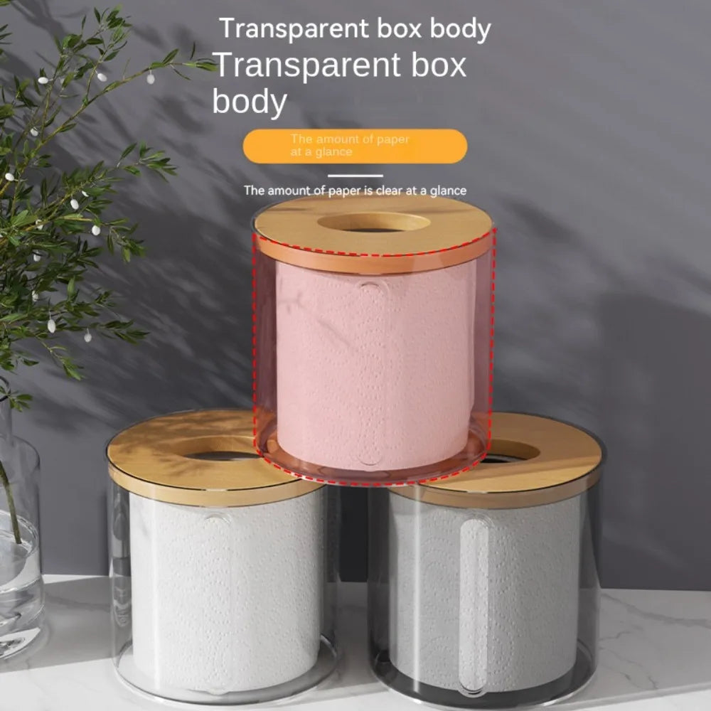 Boîte à Mouchoirs Ronde Transparente avec Couvercle en Bois – Design Moderne