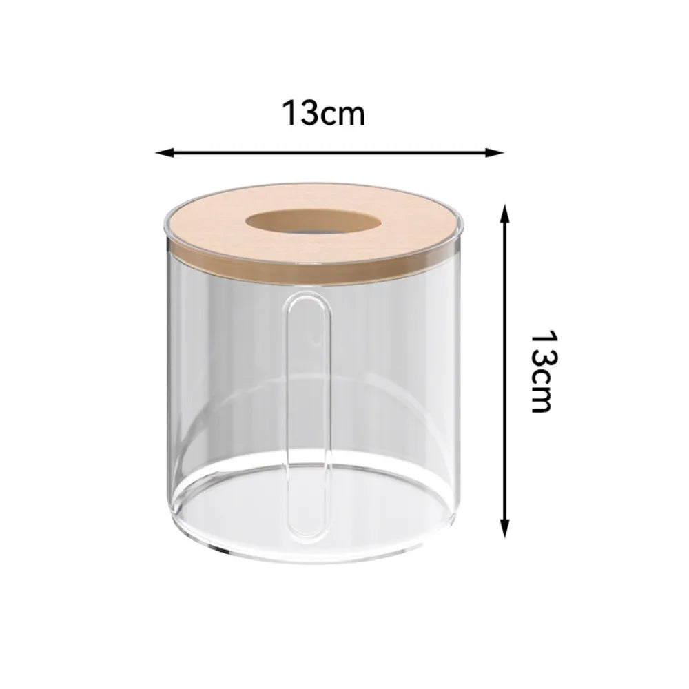 Boîte à Mouchoirs Ronde Transparente avec Couvercle en Bois – Design Moderne