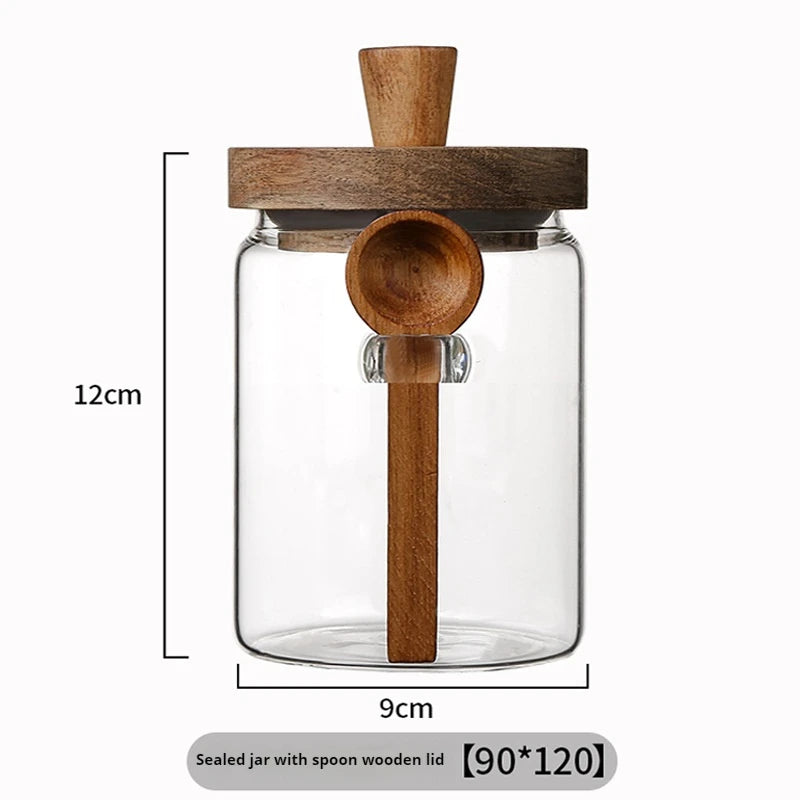 Bocal Hermétique en Verre avec Cuillère et Couvercle en Bois