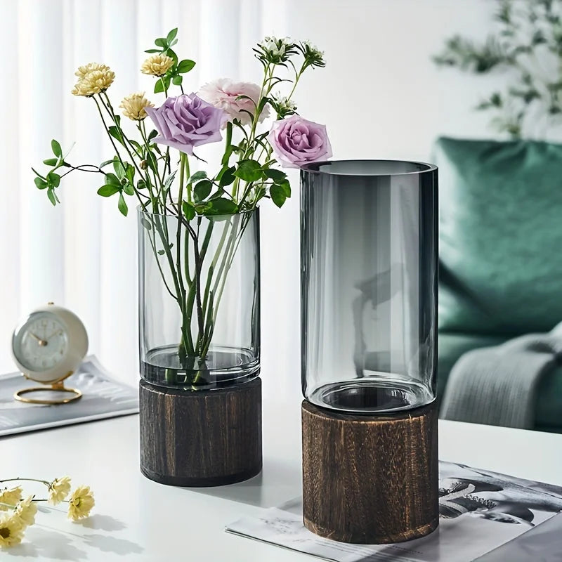 Vase en verre avec base en bois – Élégance naturelle
