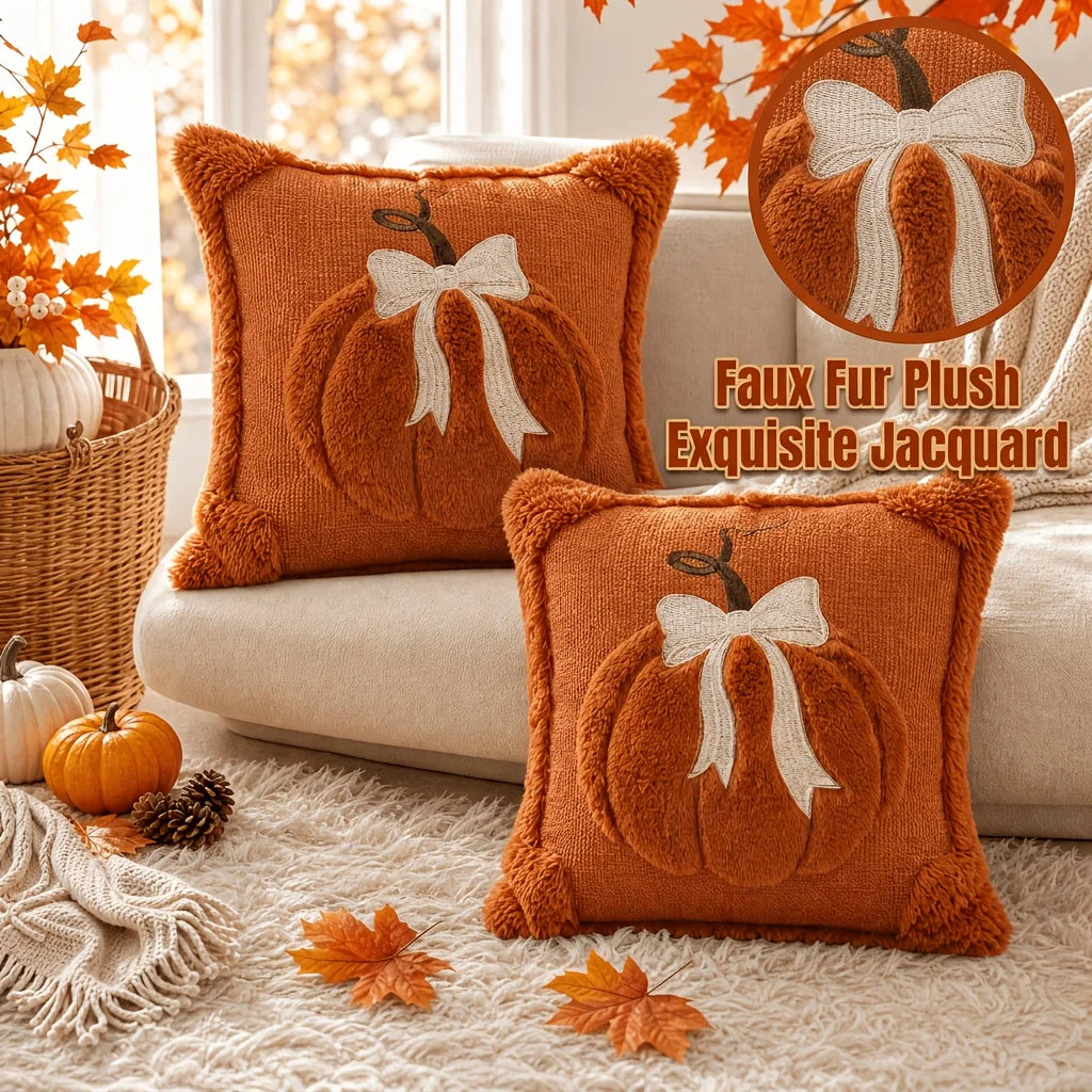 Lot de 2 Housses de Coussin Citrouille & Nœud – Collection Automne 🍂