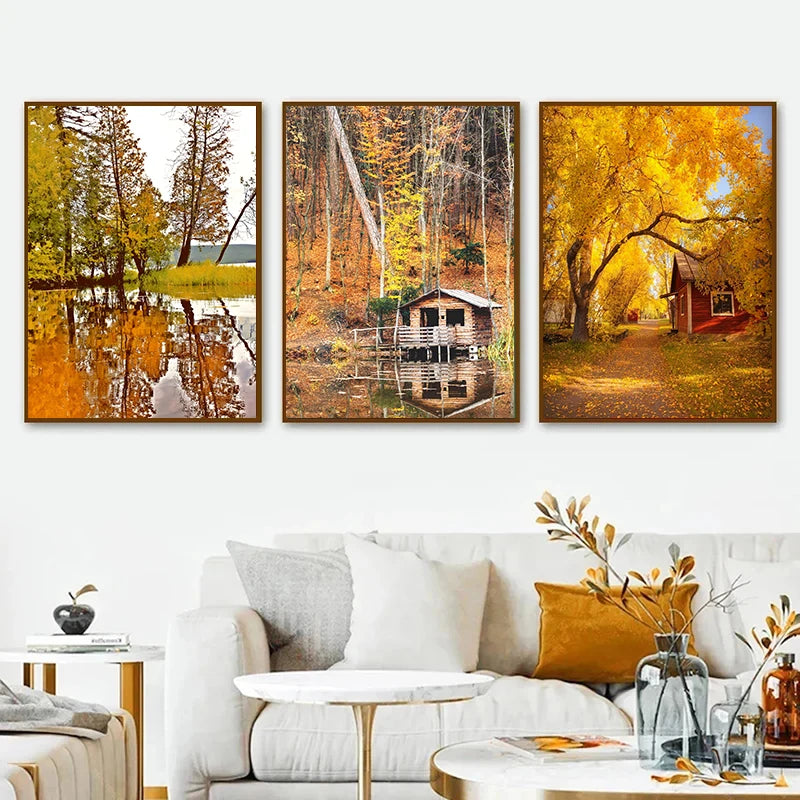 Affiches Décoratives d’Automne – Paysages, Citrouilles & Feuilles Dorées
