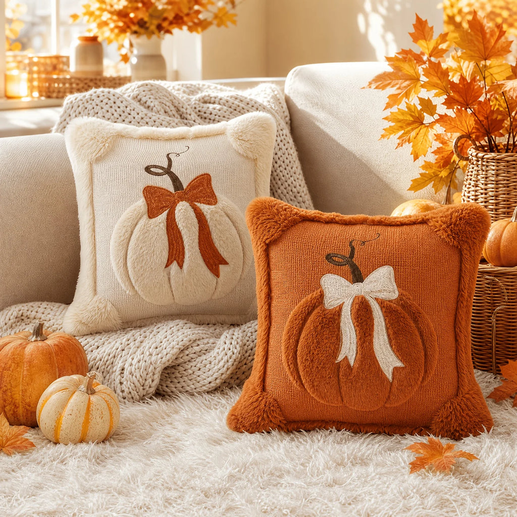 Lot de 2 Housses de Coussin Citrouille & Nœud – Collection Automne 🍂