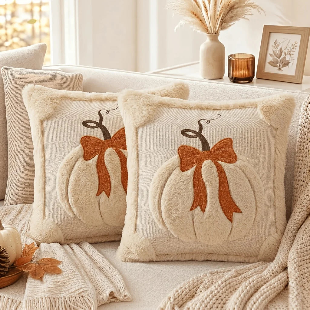 Lot de 2 Housses de Coussin Citrouille & Nœud – Collection Automne 🍂