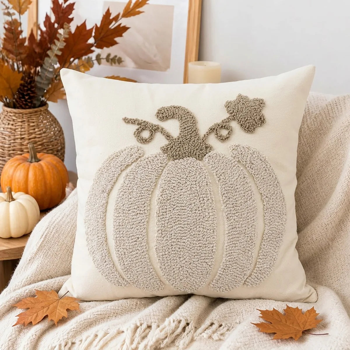 Housse de Coussin Citrouille Brodée – Automne 🎃🍂
