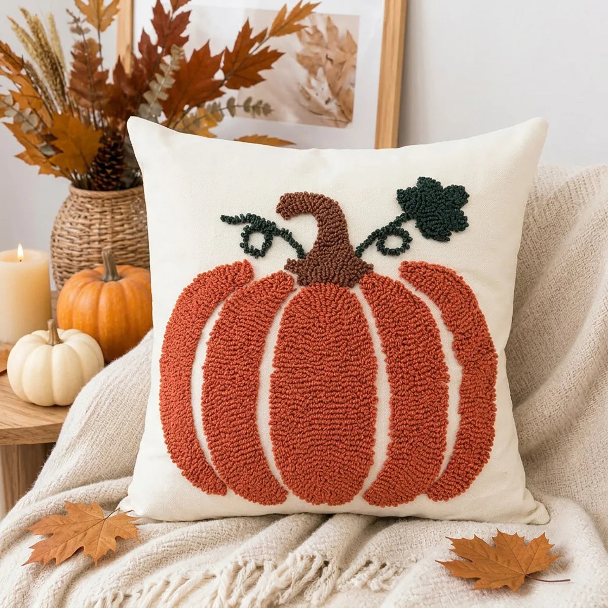 Housse de Coussin Citrouille Brodée – Automne 🎃🍂