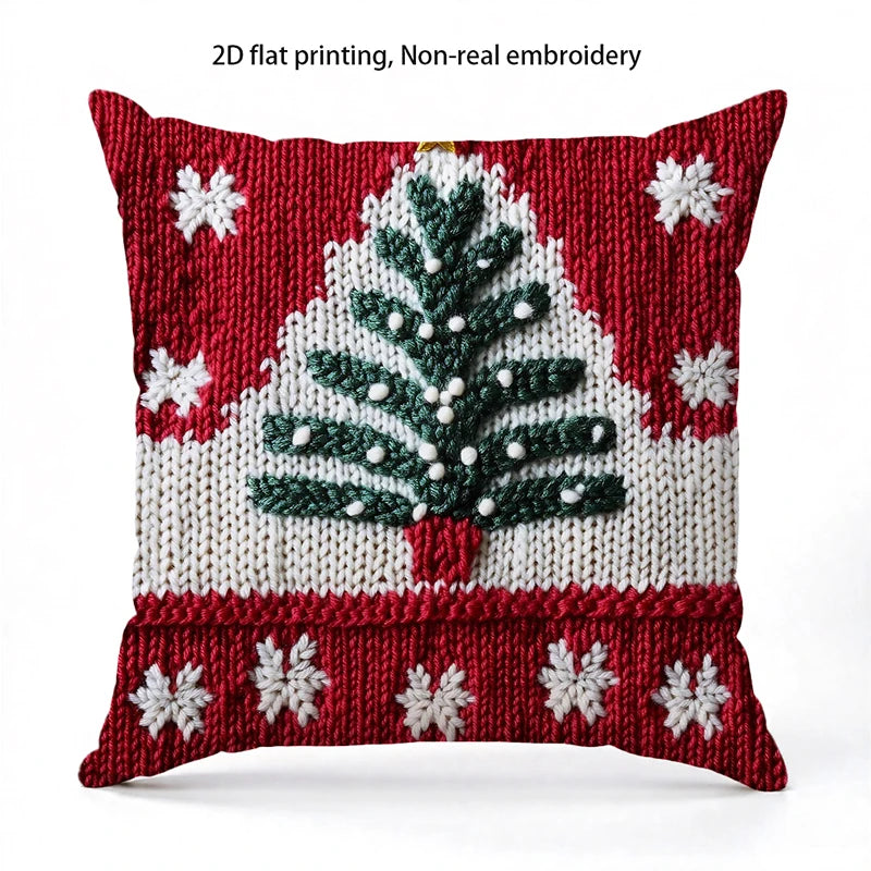 Housse de coussin de Noël rouge, flocons et sapins