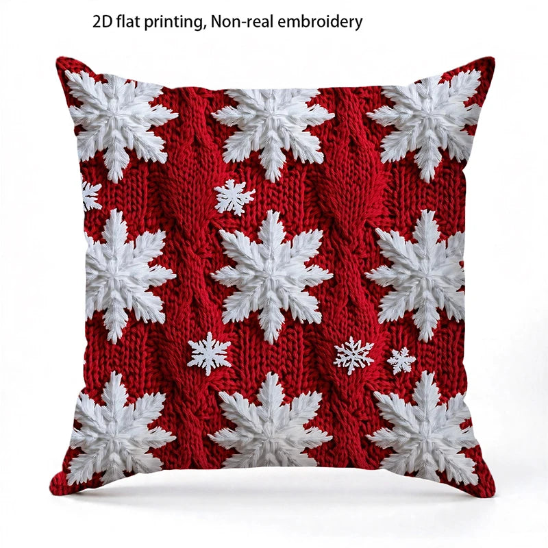 Housse de coussin de Noël rouge, flocons et sapins