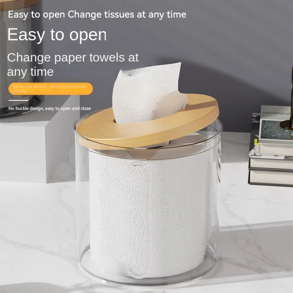 Boîte à Mouchoirs Ronde Transparente avec Couvercle en Bois – Design Moderne