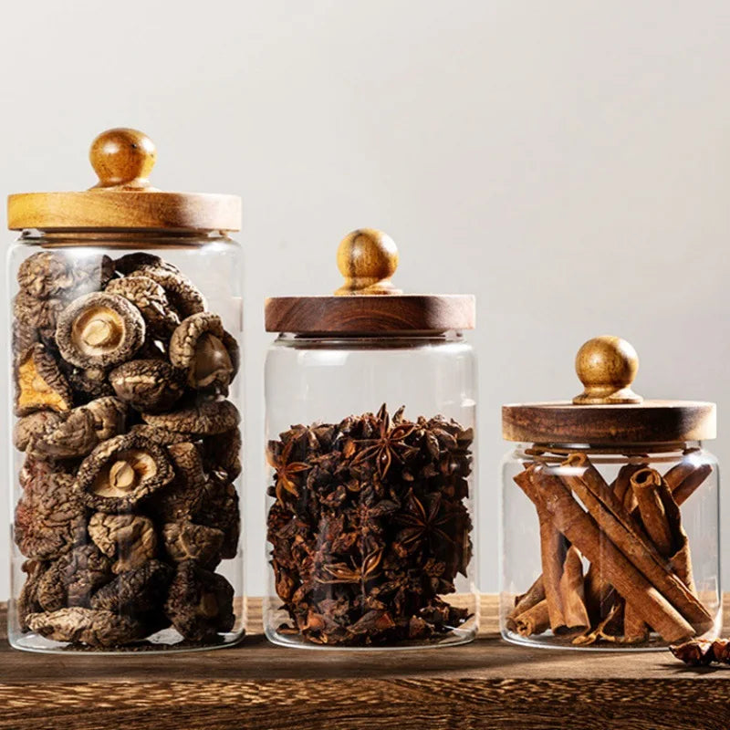 Bocal Hermétique en Verre avec Couvercle en Bois – Conservation Élégante