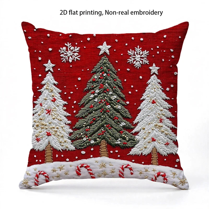 Housse de coussin de Noël rouge, flocons et sapins