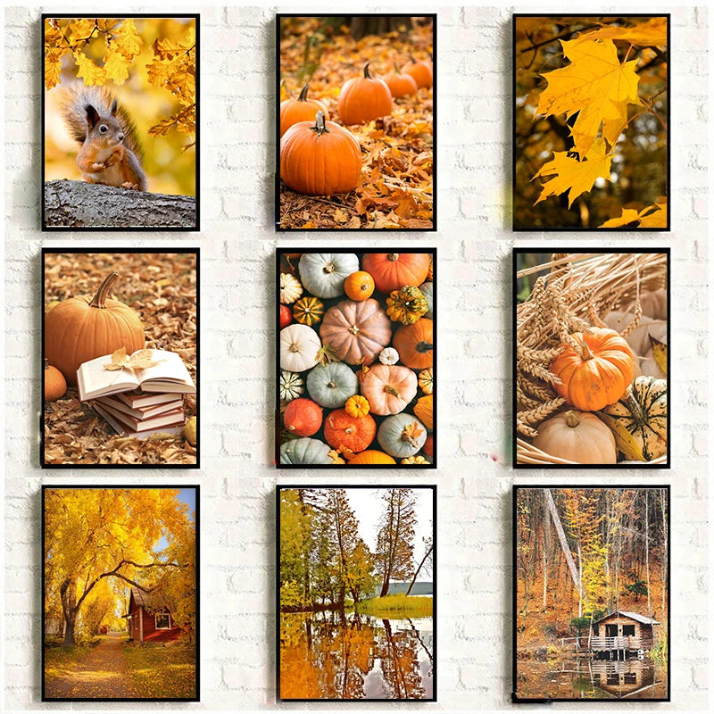 Affiches Décoratives d’Automne – Paysages, Citrouilles & Feuilles Dorées