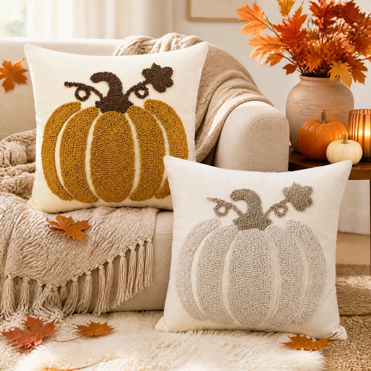 Housse de Coussin Citrouille Brodée – Automne 🎃🍂