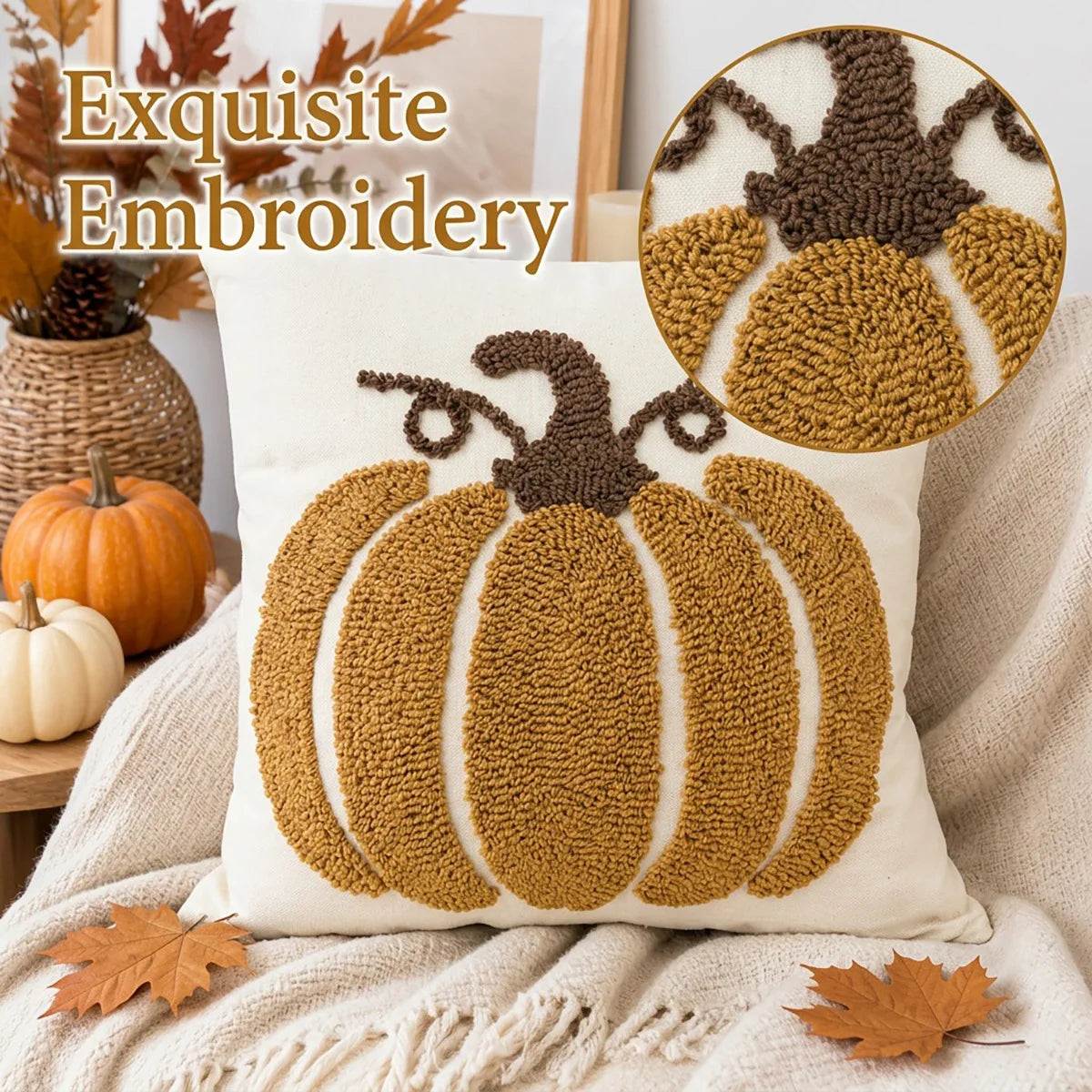 Housse de Coussin Citrouille Brodée – Automne 🎃🍂