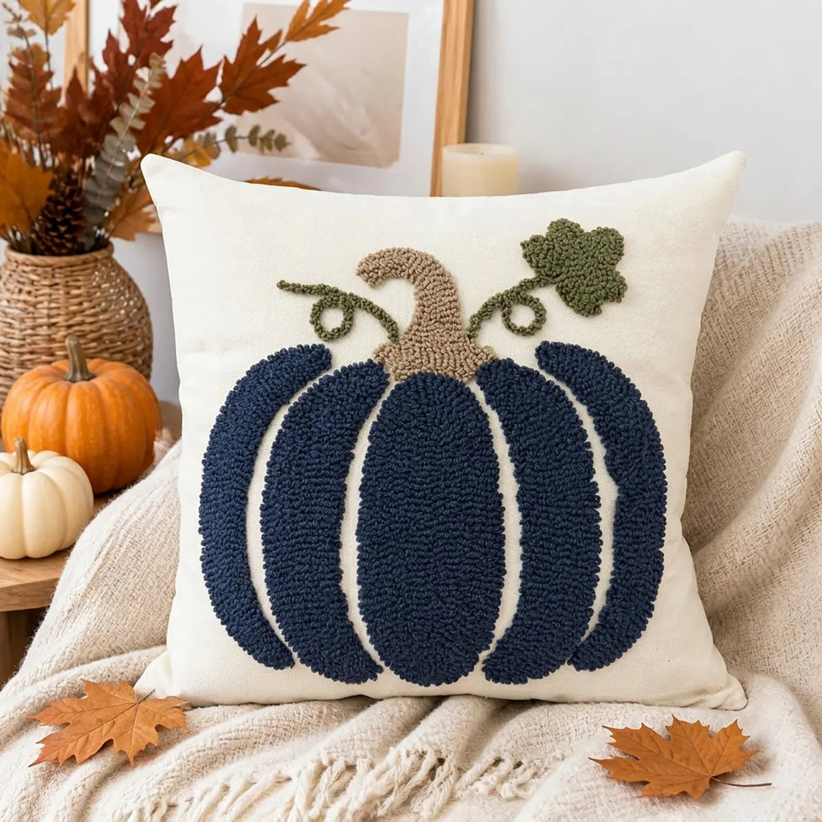 Housse de Coussin Citrouille Brodée – Automne 🎃🍂