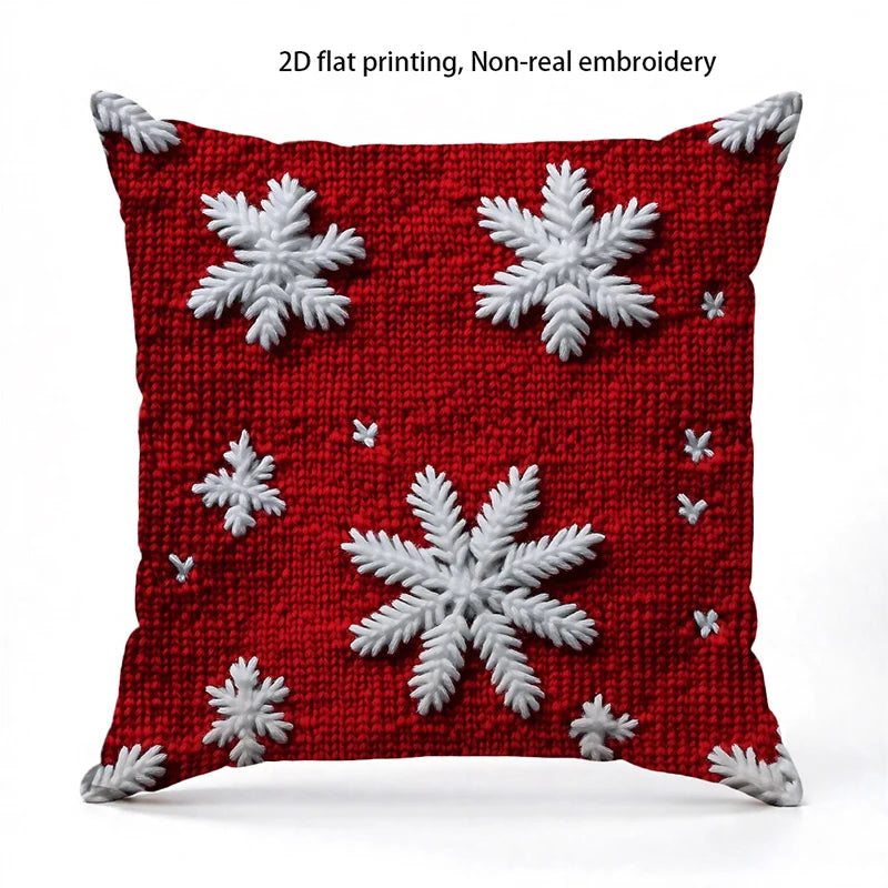 Housse de coussin de Noël rouge, flocons et sapins
