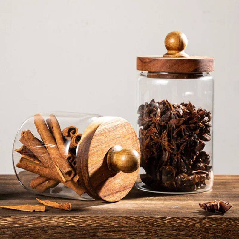 Bocal Hermétique en Verre avec Couvercle en Bois – Conservation Élégante