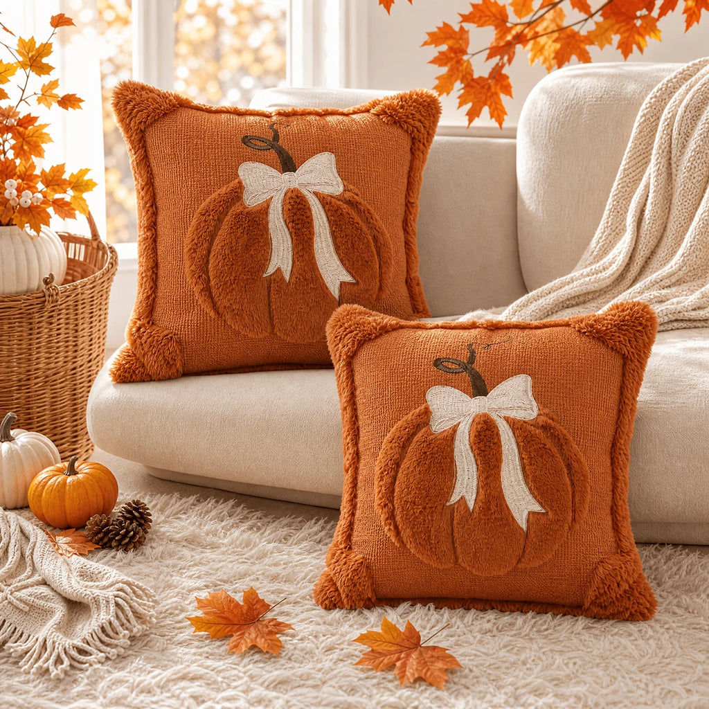 Lot de 2 Housses de Coussin Citrouille & Nœud – Collection Automne 🍂